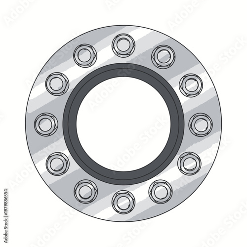 Industrial pipe flange with bolts and gasket, mechanical engineering, plumbing connection