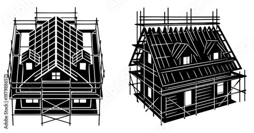 House under construction with scaffolding and roof frame in isometric perspective black and white style
