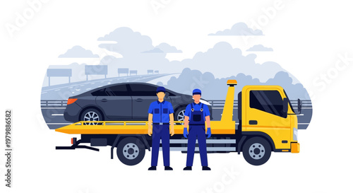 Two men standing with tow truck.