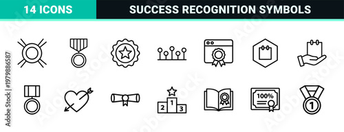 Minimalist reward and achievement line icons set