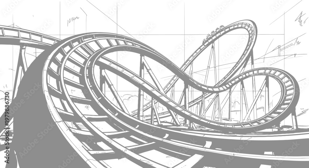 Obraz premium A thrilling rollercoaster zooms through a scenic amusement park landscape.