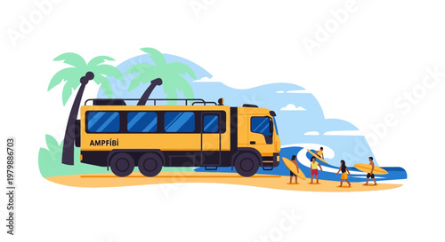 Yellow Bus on the Beach Scene.