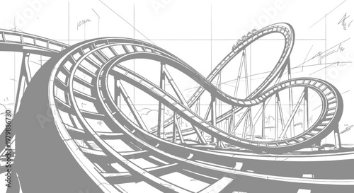 A thrilling rollercoaster zooms through a scenic amusement park landscape.