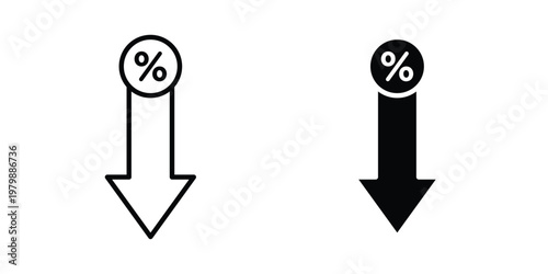 Percent down icon. Flat and outline icons. Black icons