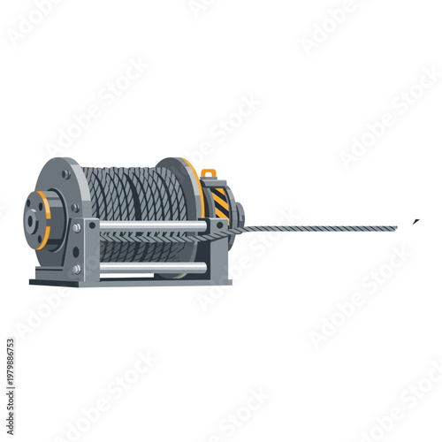 Industrial winch with steel cable extended on white background
