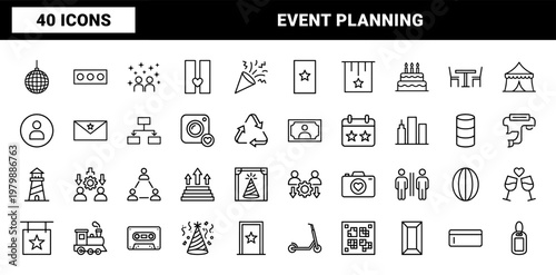 Minimalist event planning and party celebration outline icons