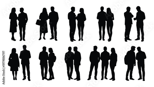 A collection of black silhouettes depicts various couples and small groups of people interacting and standing together high quality professional detailed
