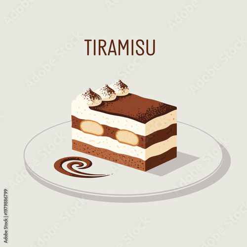 A delicious slice of tiramisu cake with whipped cream and cocoa powder on a white plate.