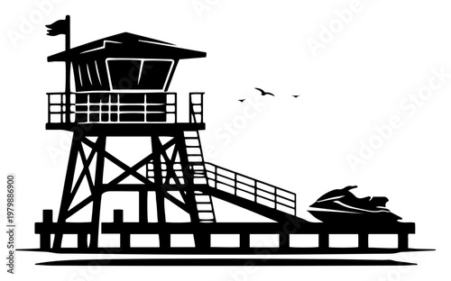 Lifeguard tower on beach pier with jet ski and flying birds in silhouette style
