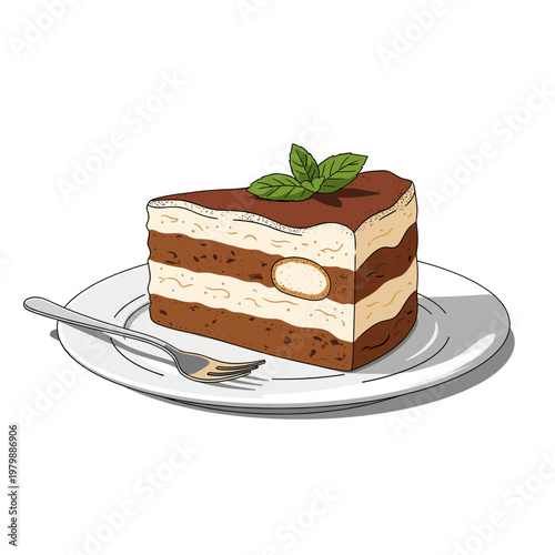 A delicious slice of classic tiramisu cake with layers of cream and coffee-soaked biscuits, garnished with fresh mint leaves on a white plate with a fork.