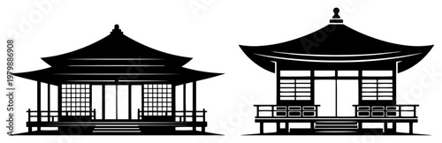 Traditional Japanese pagoda pavilion with tiered roof in minimalist black and white style