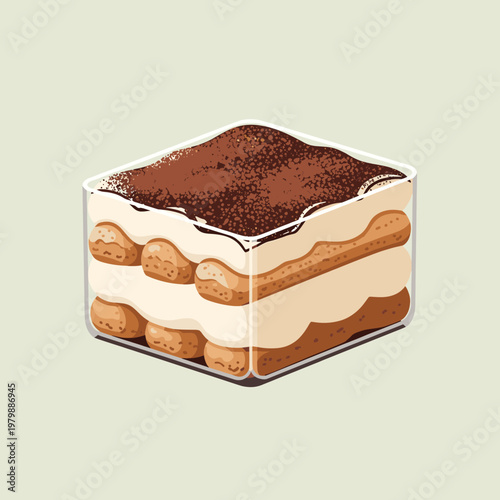 A delicious tiramisu dessert with layers of coffee-soaked ladyfingers, creamy mascarpone, and a dusting of cocoa powder, presented in a clear glass dish.