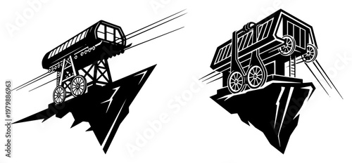 Industrial cable car transportation system on mountain peak in stylized black and white line art
