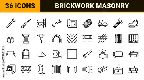 Minimalist brickwork and masonry construction line icons