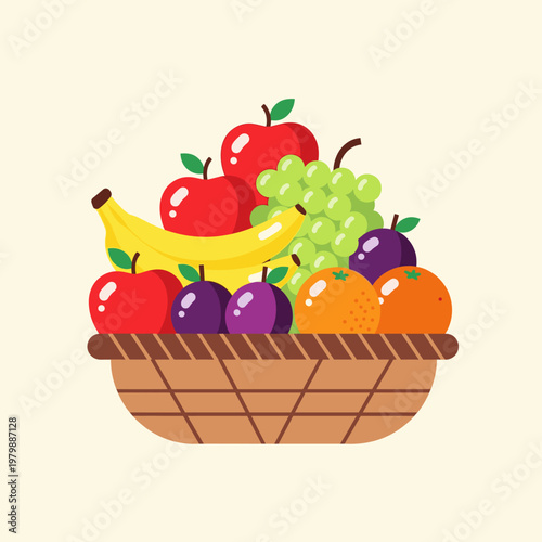 A vibrant flat design illustration of a bountiful fruit basket filled with various fresh produce.