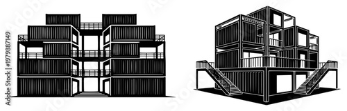 Modern shipping container architecture and modular building silhouettes in minimalist style