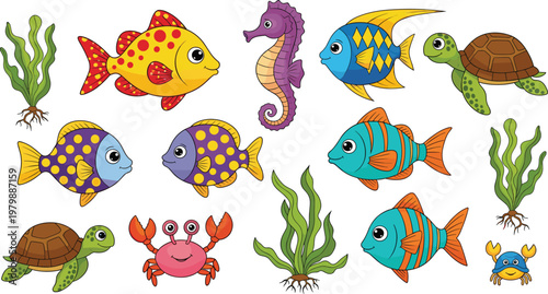 Cute colorful underwater sea animals collection including fish, turtle, crab, seahorse and seaweed vector illustration for kids and marine design