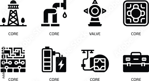 Industrial engineering icons featuring equipment hardware machinery and infrastructure components for technical maintenance and manufacturing facility operations