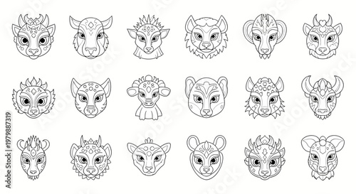fantasy animal heads set for coloring book or tattoo design with various patterns