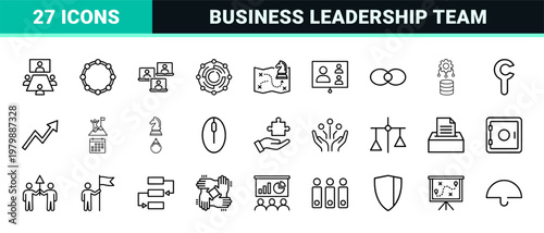 Business Management and Corporate Leadership Icon Set in Outline Style