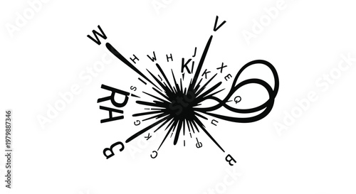 Typography explosion radiates outward with scattered letters and abstract lines.