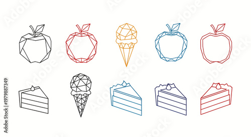 geometric icons of apples and desserts in line art style for food branding and marketing