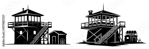 Fire lookout towers with stairs and wooden cabins in black and white graphic style