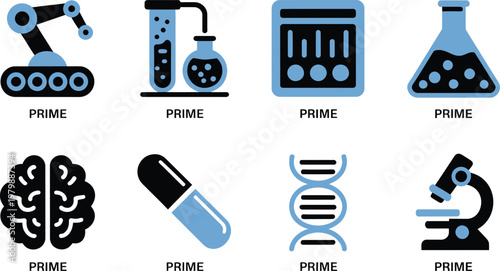 Industrial robotics and scientific research symbols featuring laboratory equipment genetic strands and medical examination tools for innovation