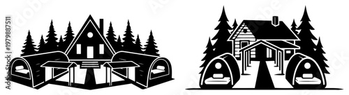 Cozy mountain lodge cabin in pine forest with glamping barrel houses in minimalist style