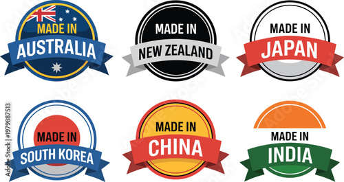 Set of circular stickers showcasing labels for products manufactured in various countries across the globe