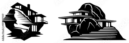 Modern minimalist houses built into natural rocky boulders in clean black and white style