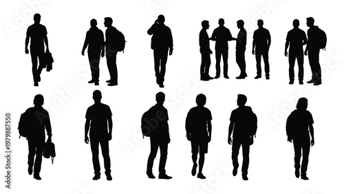 A collection of diverse black silhouettes depicting people walking standing and interacting in various casual poses high quality professional detailed modern
