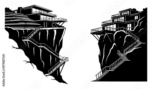 Dramatic cliffside modern houses with long external staircases in minimalist black and white style