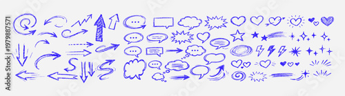 Hand Drawn Doodle Arrows, Speech Bubbles and Decorative Elements Icon Set. Sketch Scribble Symbols, Stars, Hearts, Lightning, Swirls.