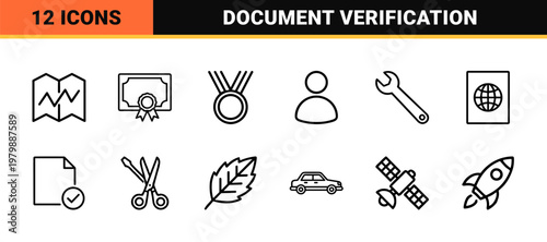 Document verification and official certification minimalist outline icon set.