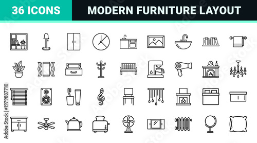 Minimalist home furniture and interior design icon set.