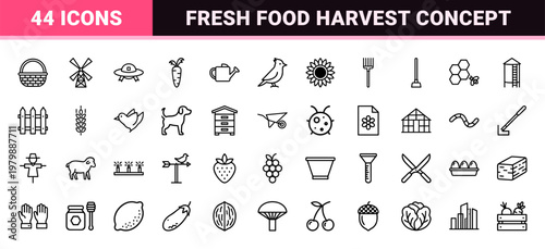 Organic farming and agriculture minimalist outline icon set