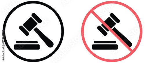Judge gavel icon set with prohibition symbol, courtroom law and legal judgment restriction icon, justice authority decision blocked and legal prohibition warning concept vector