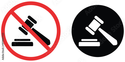 Judge gavel icon set with prohibition symbol, legal restriction and court decision ban concept, justice system law enforcement and verdict denial vector
