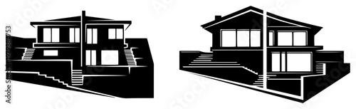 Hillside modern residences with multi-level terraces and stairs in minimalist black and white style