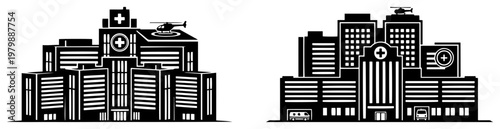 Hospital medical center buildings with helicopter pads and ambulances in black and white graphic style