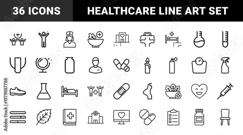 Minimalist medical and healthcare line icon set for wellness and hospital apps