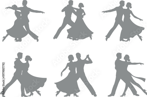 Ballroom dance silhouettes, elegant couples waltz tango poses, flowing dresses, flat vector