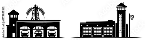 Fire station buildings with garage doors and watchtowers in minimalist style