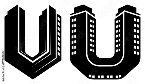 Apartment building with modern U-shaped architecture in bold black and white minimalist style