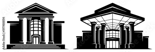 Classical museum and modern hall silhouettes with columns in architectural vector style