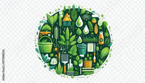 Green Sustainability and Eco Concept Circle. Modern Agriculture, Nature, and Organic Farming Icons Collage Illustration.
