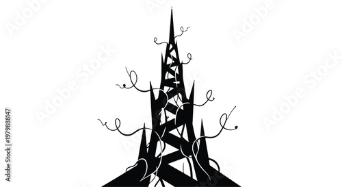 Tower rises sharply with tangled vines climbing up its jagged dark structure.