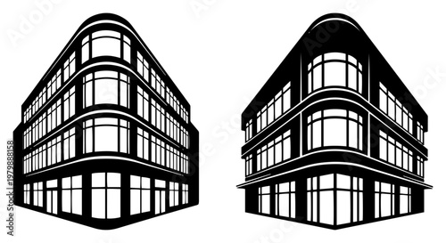 Corner office building with glass windows and perspective facade in modern architectural style