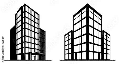 Skyscraper office building silhouette with grid windows in modern urban architecture style